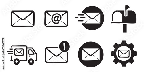 Foto Email and mail services icon set, contact and delivery, black vector illustration collection