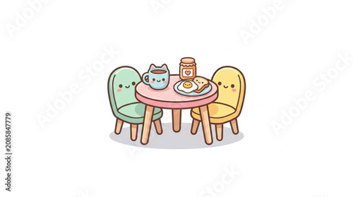Schilderij op canvas Cute cartoon breakfast table with two chairs and food.