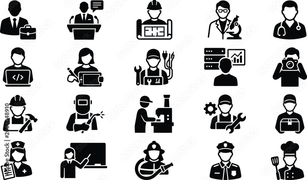Obraz premium Black and white icons of various professionals