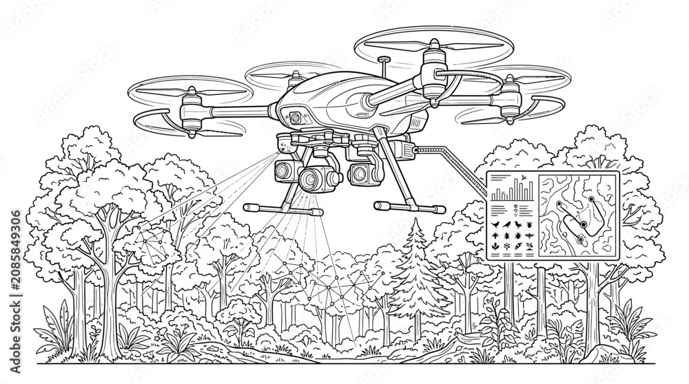Obraz premium Drone surveying forest with cameras, advanced technology in nature