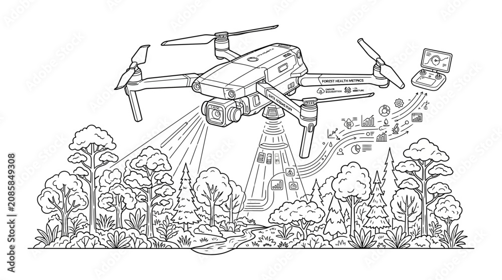 Obraz premium Drone surveying forest with advanced technology and data analysis
