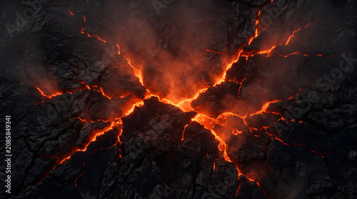 molten orange lava flowing through cracked dark volcanic rock with rising smoke and steam