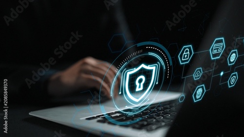 Photos Secure Digital Environment with Laptop and Cybersecurity Icons Emphasizing Data Protection and Encryption for Technology Usage