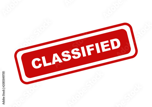 Red classified stamp with white text on a rectangular sign for official documents or secret information warning label isolated on transparent background