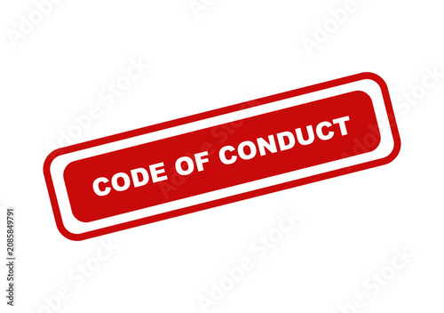 Red rectangular stamp icon with the words code of conduct written in white bold letters for corporate business ethics isolated on transparent background