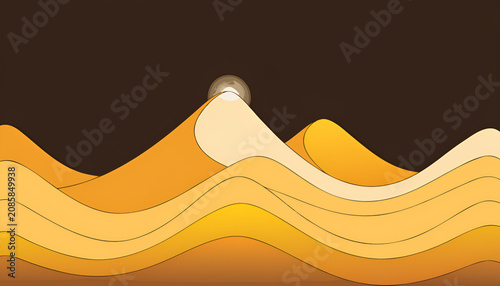 stylized illustration of yellow sand dunes with a sun rising behind mountains under a dark sky