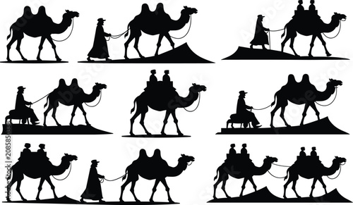 Obraz na plátně Camel caravan silhouette collection featuring desert travelers and traditional b