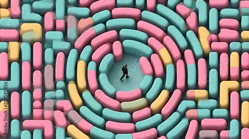 Business person walking in a circular pill labyrinth representing healthcare choices