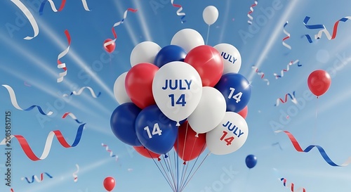 Bastille day celebration with blue white and red balloons in the sky
