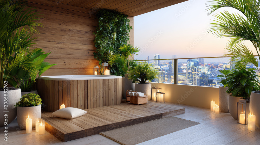 Fototapeta premium Modern city balcony converted into a private wellness oasis with a warm outdoor hot tub, lush plants and candlelight, offering a serene evening escape above the skyline