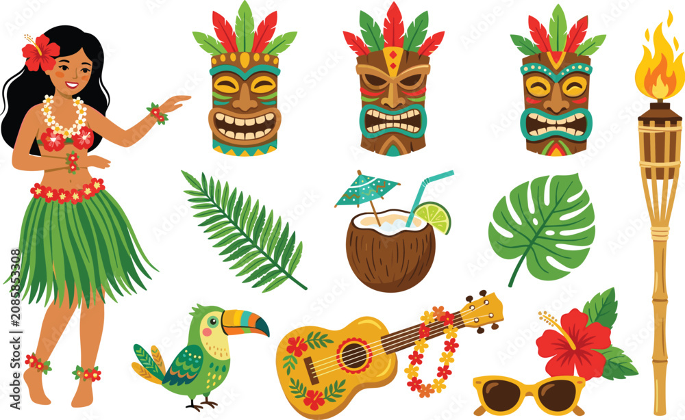 Fototapeta premium Hawaiian luau tropical summer party vector elements set with hula dancer tiki masks coconut cocktail and toucan
