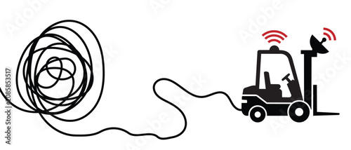 Cuadro en lienzo Innovative single line drawing depicts tangled cables leading to a modern forklift, emitting red wifi and radar signals, symbolizing advanced technology and connectivity in logistics operations