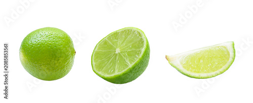 Fresh lime whole und slice and half isolated, cut out