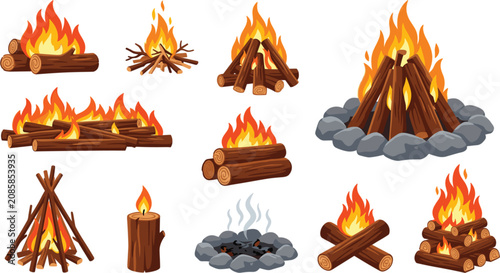 Schilderij op canvas Campfire and bonfire set with burning logs fire flame types firewood stacks and