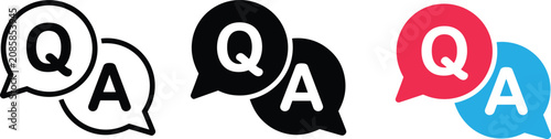 Questions and answers speech bubble icon set with outline silhouette and colorful vector graphic templat