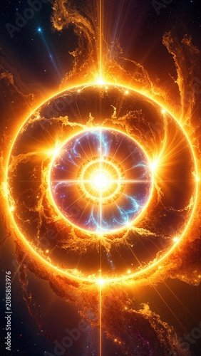 Galaxy forming with stellar material and radiant light in deep space Universe expansion creation and stellar evolution.
