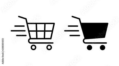 Two icons representing a shopping cart with speed lines, one in outline and the other in solid black, symbolizing fast commerce.