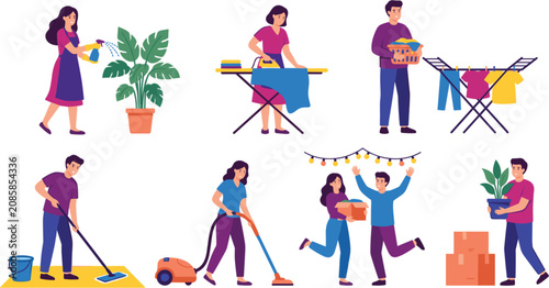 Foto Men and women doing housework chores set with cleaning ironing vacuuming mopping