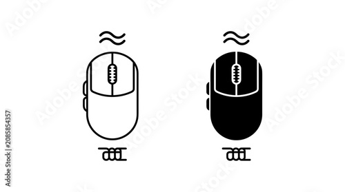 Two icons of a computer mouse, one in outline and one in solid black, both with a wavy line indicating wireless signal.