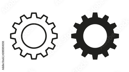 Two gear icons displayed side-by-side, one in outline and the other in solid black, on a white background.