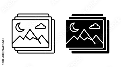 A graphic icon showing a stack of picture frames, each displaying a mountain landscape under a crescent moon and clouds.