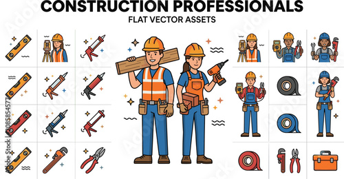 Tablou pe pânză Flat Vector Construction Professionals Asset Sheet Featuring Male and Female Con