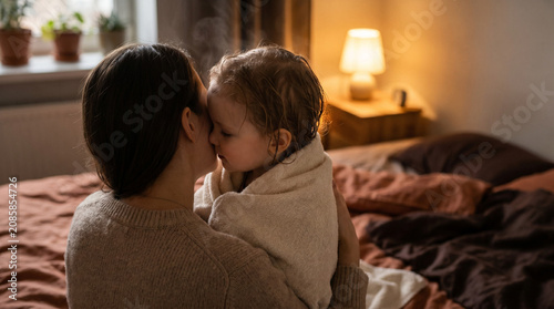 Mother cuddling her small child in a cozy bedroom at home  