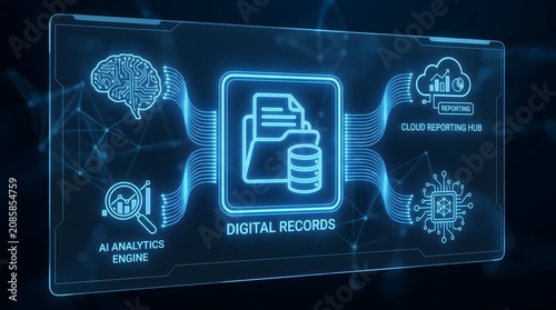 Glowing blue digital records interface featuring a central document icon connected to artificial intelligence analytics cloud reporting hubs and complex processor nodes shown in a high tech futuristic