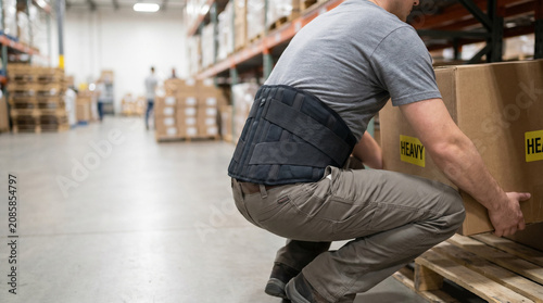 Worker wearing lumbar support while lifting box in warehouse  
