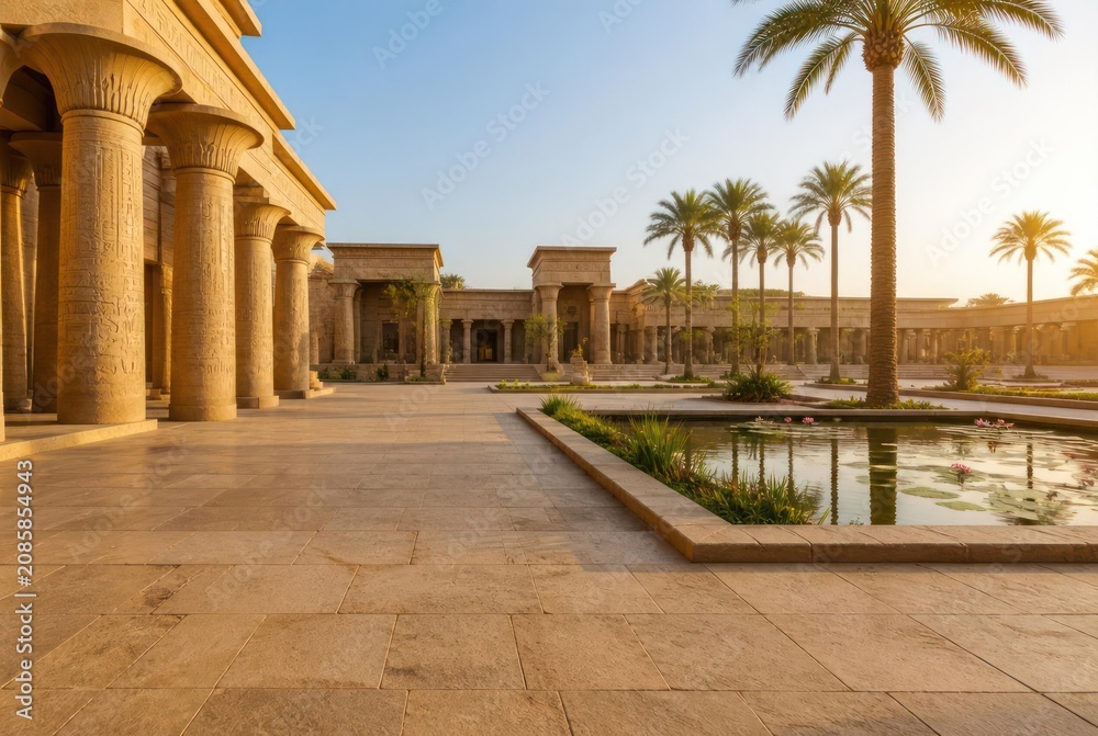 Obraz premium Ancient Egyptian Temple Courtyard with Palm Trees and Reflecting Pool