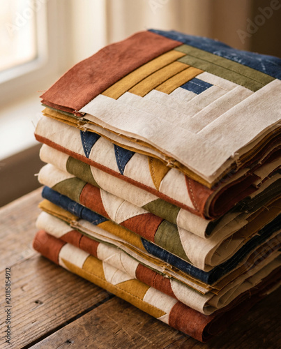 Stacked patchwork quilt blocks in earthy tones on wooden table  