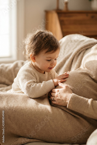 Small child gently touching pregnant belly while sitting on sofa  