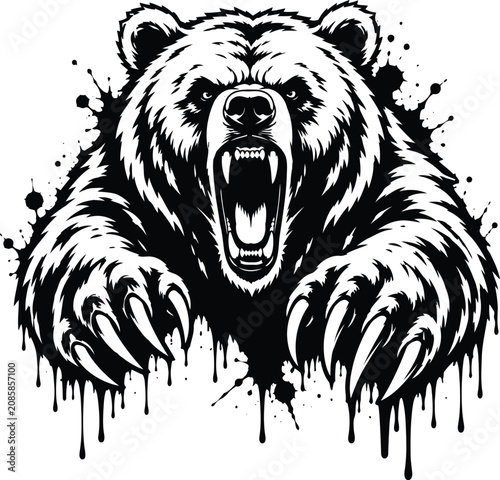Angry black and white bear illustration with dripping paint effect