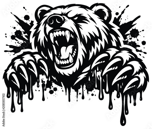 Angry black and white bear illustration with dripping paint effect