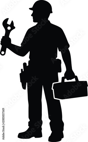 Handyman silhouette holding wrench and toolbox isolated on transparent background