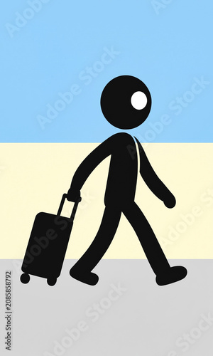 Stick figure walking and pulling a rolling suitcase while traveling. Flat design illustration.