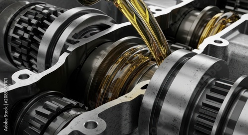 Close-up view of automotive transmission gears being lubricated with golden oil.