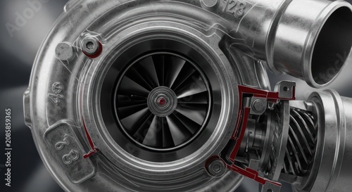 Close-up view of a modern automotive turbocharger engine component with intricate details.