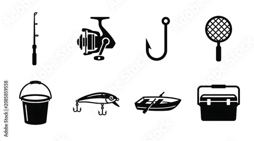 Photos Fishing equipment black vector icon set with rod reel hook net bucket boat lure