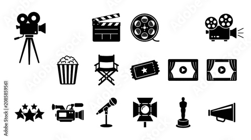 Movie making and cinema black icon set with film camera popcorn director chair and entertainment symbols vector illustration isolated on white background