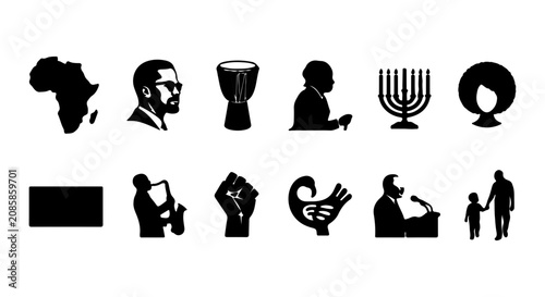 Black History Icons Collection, African American Culture Symbols, Diverse Representation Vector Set