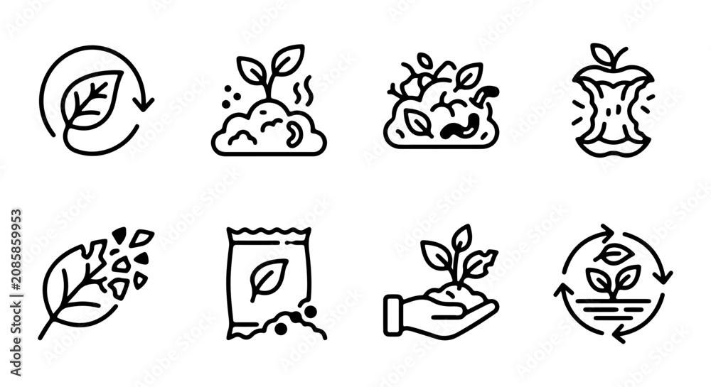 Fototapeta premium Composting Icons: Organic Waste Recycling, Soil Growth, Seed Packet, Apple Core, Leaf Decay
