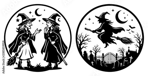 Photos Witches talking and flying on broomsticks over graveyard in halloween silhouette