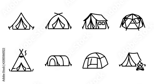 Schilderij op canvas Camping Tent Icons, Outdoor Shelter Vector Set, Adventure Gear Graphics, Minimal