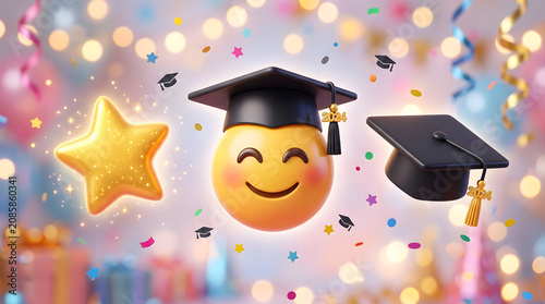Cute 3D graduation smiley face emoji wearing mortarboard cap with golden star and festive bokeh background, generative AI