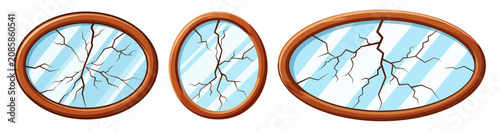 Broken oval mirror with wooden frame set