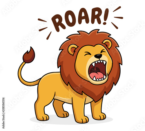 Cute roaring lion character with text shout roar