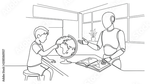 A line art illustration showing a robot tutor teaching a young boy geography with a globe