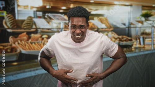 Cuadro en lienzo Man in pink tshirt clutching stomach with hands amid bakery pastries by bread display at building counter; pain nausea urgency