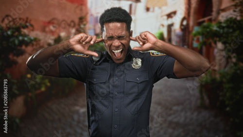 Cuadro en lienzo Man police officer plugs ears with fingers, eyes shut and mouth open shouting in a narrow street alley wearing uniform and badge; frustration tension